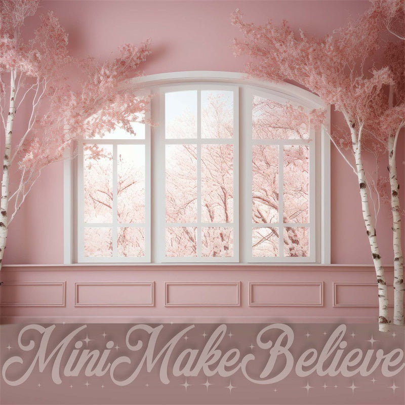 Kate Hiver Chambre Rose Fenêtre Bouleaux Toile de fond conçue par Mini MakeBelieve