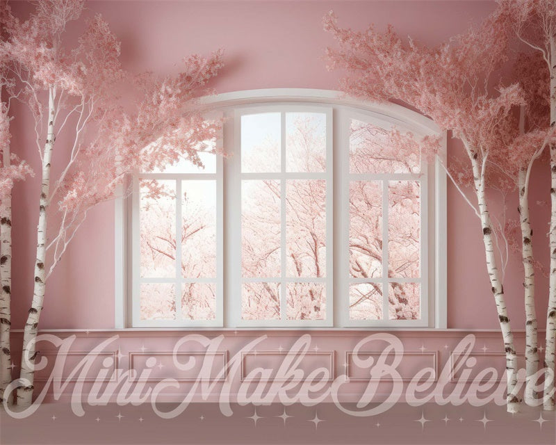 Kate Hiver Chambre Rose Fenêtre Bouleaux Toile de fond conçue par Mini MakeBelieve