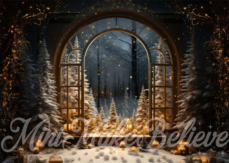 Kate Hiver Noël Arbres Fenêtre Neige Nuit Toile de fond conçue par Mini MakeBelieve