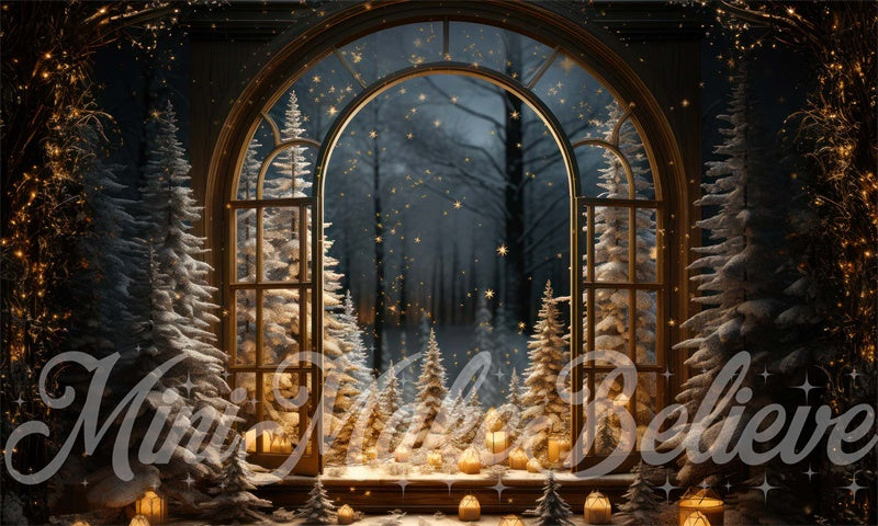 Kate Hiver Noël Arbres Fenêtre Neige Nuit Toile de fond conçue par Mini MakeBelieve
