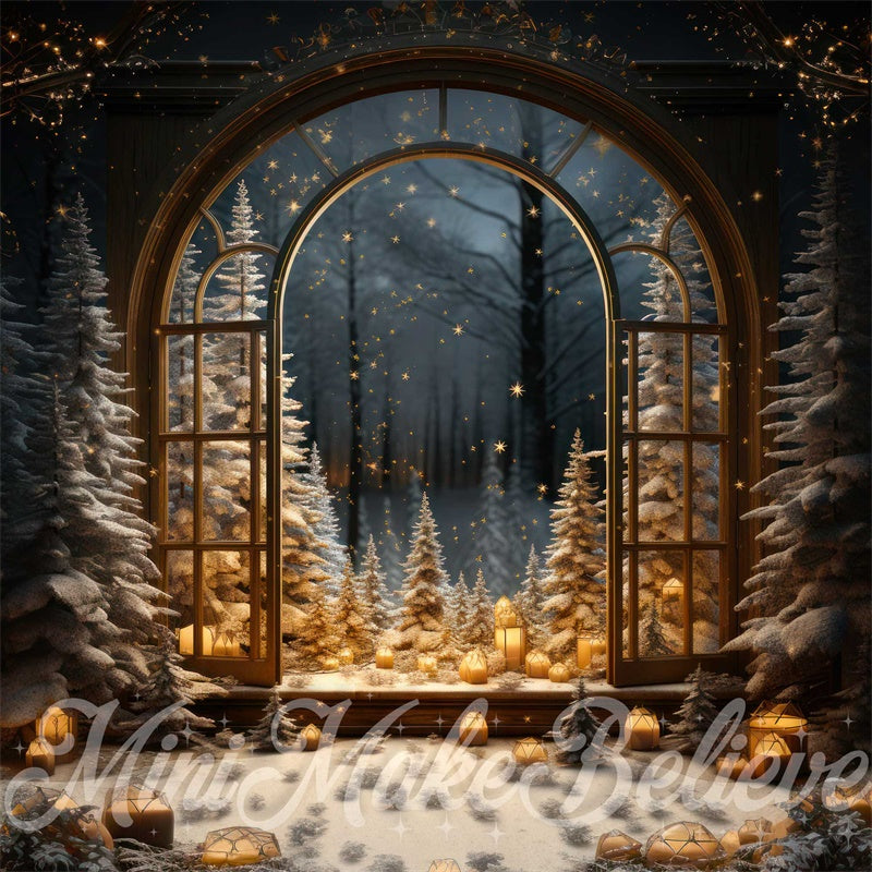 Kate Hiver Noël Arbres Fenêtre Neige Nuit Toile de fond conçue par Mini MakeBelieve