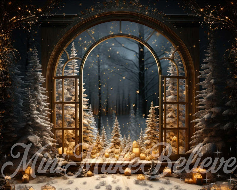 Kate Hiver Noël Arbres Fenêtre Neige Nuit Toile de fond conçue par Mini MakeBelieve