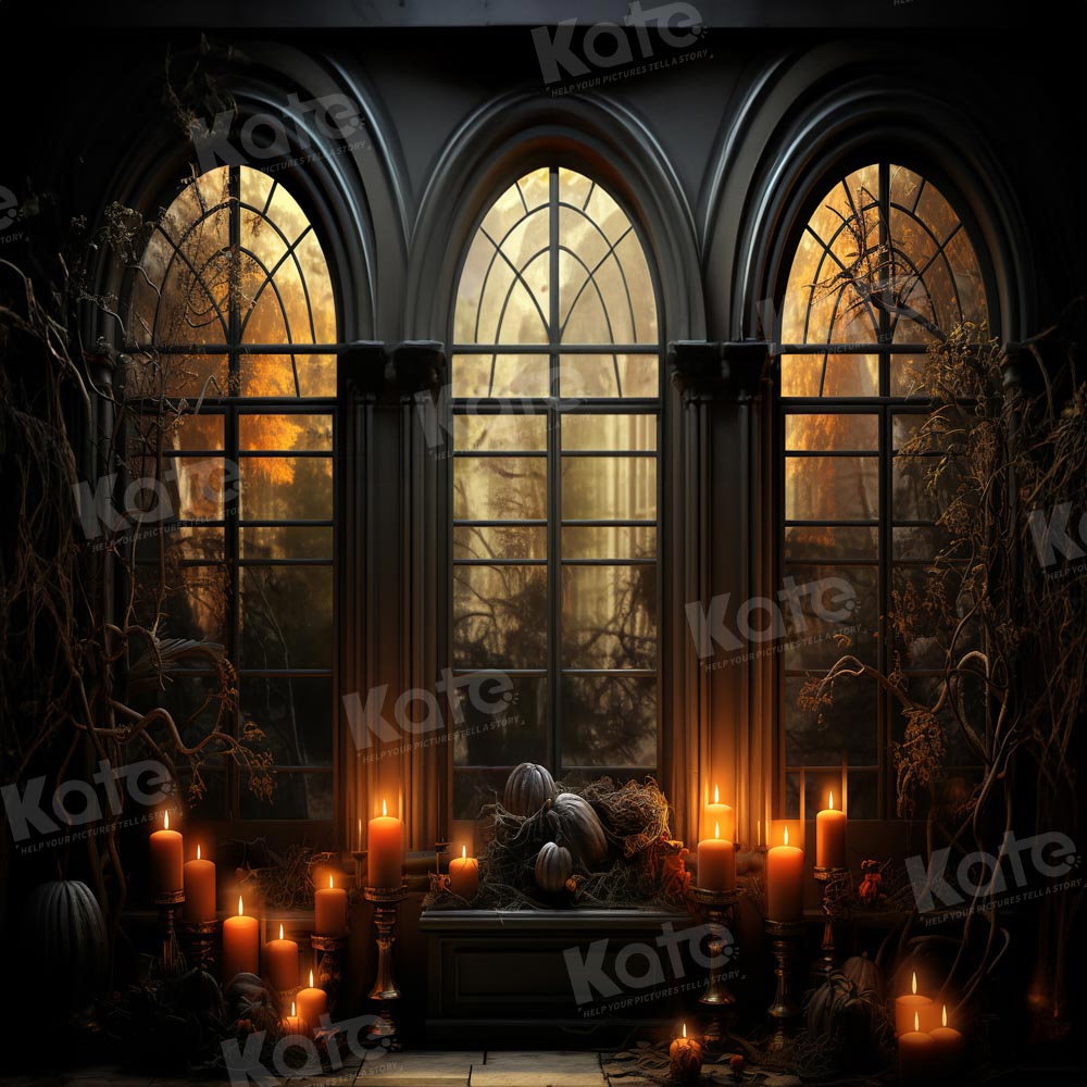 Kate Halloween Fenêtre Nuit Bougie Toile de fond pour la photographie