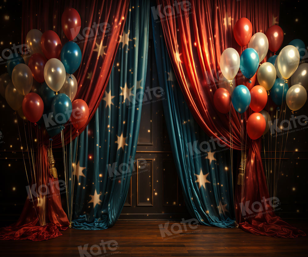 Kate Étoiles Ballons Rideau Rouge & Bleu Scène Toile de fond pour la photographie