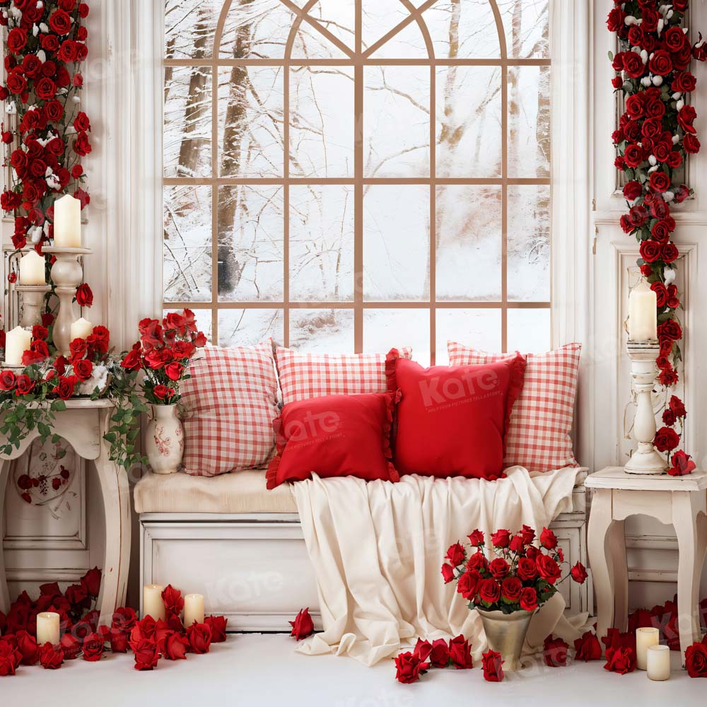 Kate Saint Valentin Blanc Canapé Fenêtre Roses Toile de fond pour la photographie