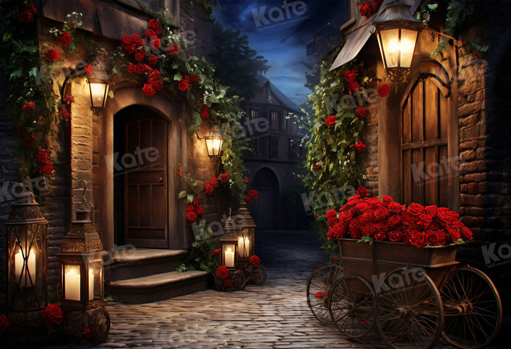 Kate Saint Valentin Chariot à roses Nuit Rue Rétro Toile de fond pour la photographie