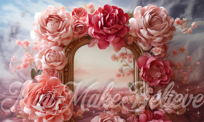 Kate Fleurs roses Cadre doré Anniversaire Toile de fond conçue par Mini MakeBelieve