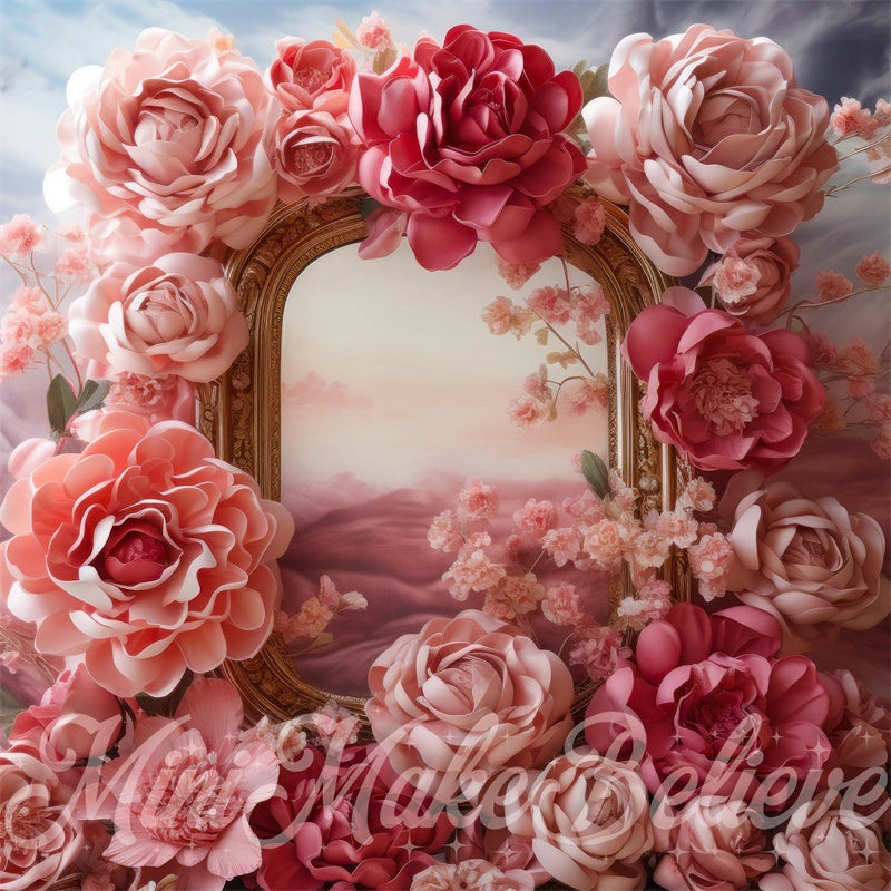 Kate Fleurs roses Cadre doré Anniversaire Toile de fond conçue par Mini MakeBelieve