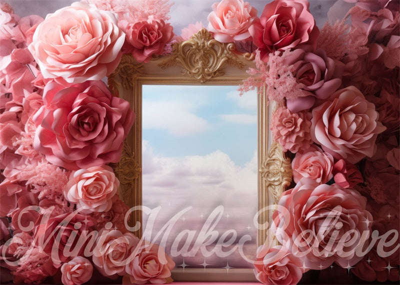 Kate Fleurs Rose Nuage Cadre doré Cake smash Toile de fond conçue par Mini MakeBelieve
