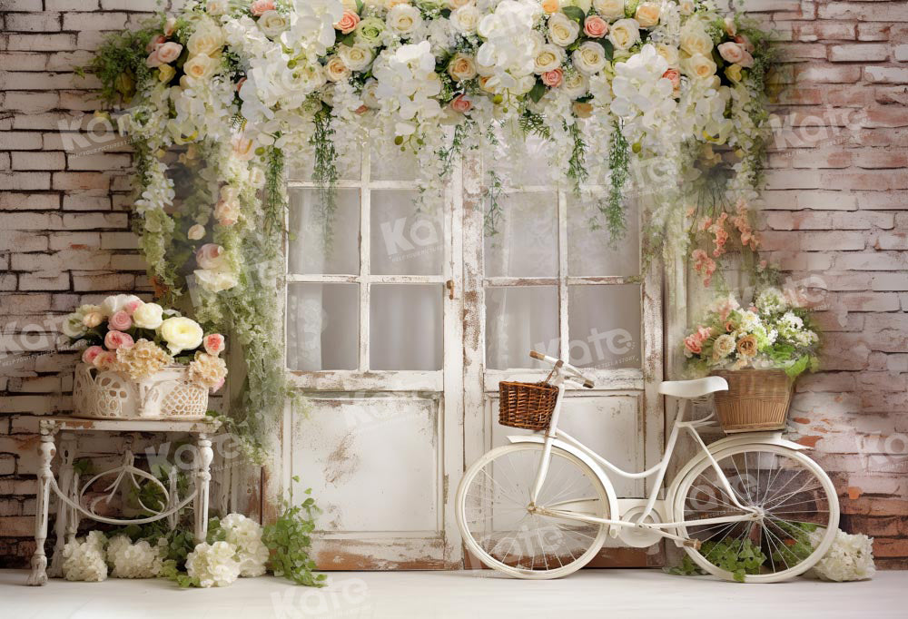 Kate Printemps Fleurs Blanc Vieille porte Vélo Toile de fond conçue par Emetselch - Kate Backdrop FR