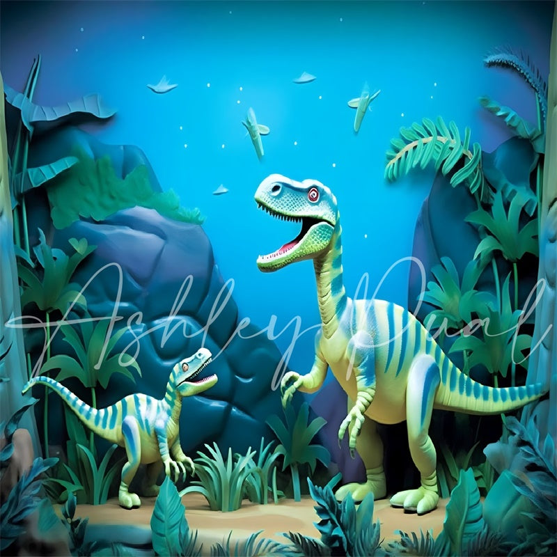 Kate Bleu Dinosaure Aventure Dessin animé Toile de fond conçu par Ashley Paul