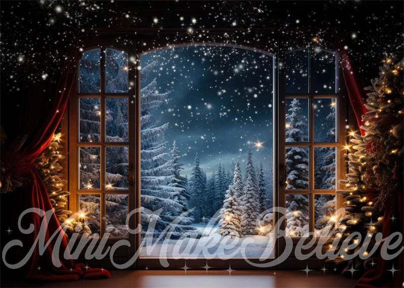 Kate Hiver Noël Arbres Neige Fenêtre Points dorés Toile de fond conçue par Mini MakeBelieve