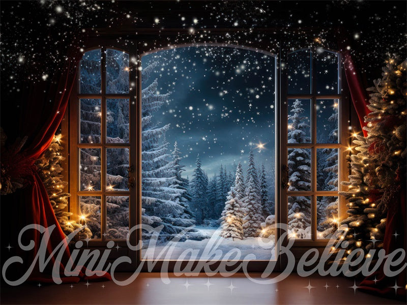 Kate Hiver Noël Arbres Neige Fenêtre Points dorés Toile de fond conçue par Mini MakeBelieve