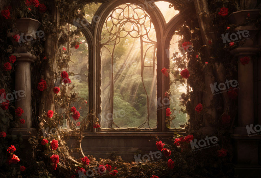 Kate Saint Valentin Église Roses Fenêtre Toile de fond pour la photographie