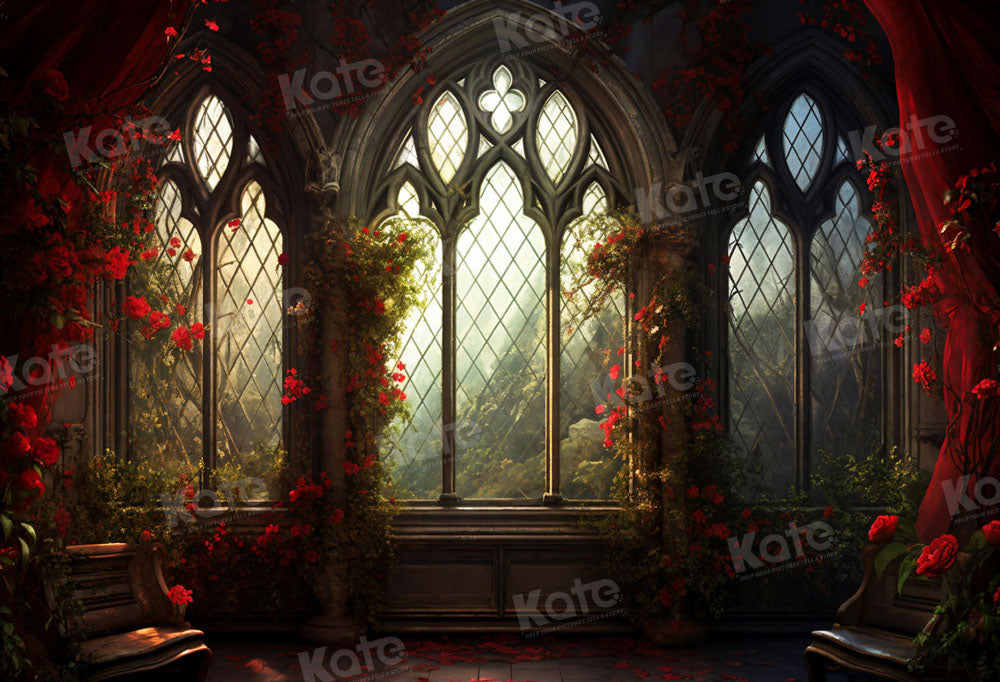 Kate Saint Valentin Fleurs Rouge Église Fenêtre Toile de fond pour la photographie