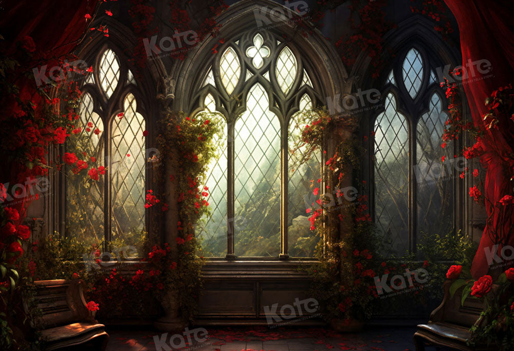 Kate Saint Valentin Fleurs Rouge Église Fenêtre Toile de fond pour la photographie - Kate Backdrop FR