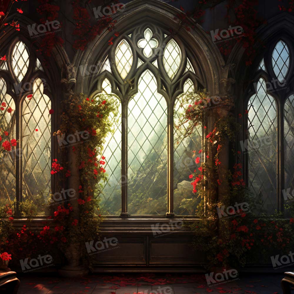 Kate Saint Valentin Fleurs Rouge Église Fenêtre Toile de fond pour la photographie - Kate Backdrop FR