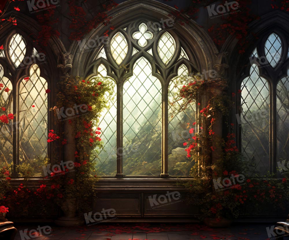 Kate Saint Valentin Fleurs Rouge Église Fenêtre Toile de fond pour la photographie