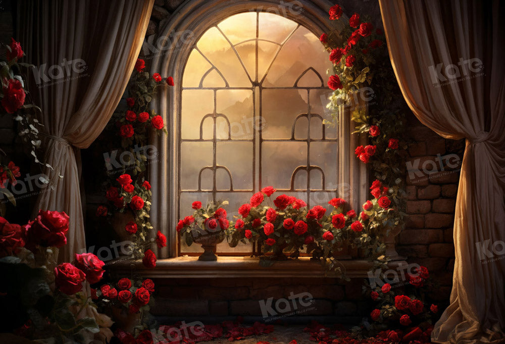 Kate Saint Valentin Roses Chambre Fenêtre Toile de fond pour la photographie - Kate Backdrop FR