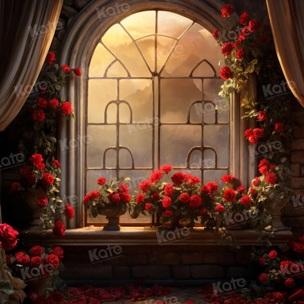Kate Saint Valentin Roses Chambre Fenêtre Toile de fond pour la photographie - Kate Backdrop FR