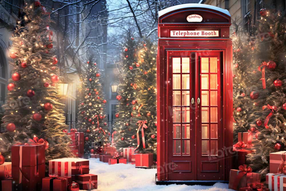 Kate Noël Rouge Cabine téléphonique Neige Toile de fond conçue par Emetselch - Kate Backdrop FR