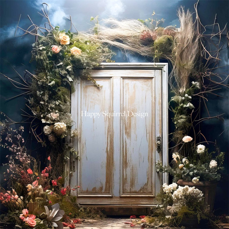 Kate Porte blanche Rustic Fleurs Bleu Toile de fond Conçu par Happy Squirrel Design - Kate Backdrop FR