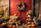 Kate Automne Citrouille Guirlande Rouge Porte Toile de fond pour la photographie - Kate Backdrop FR