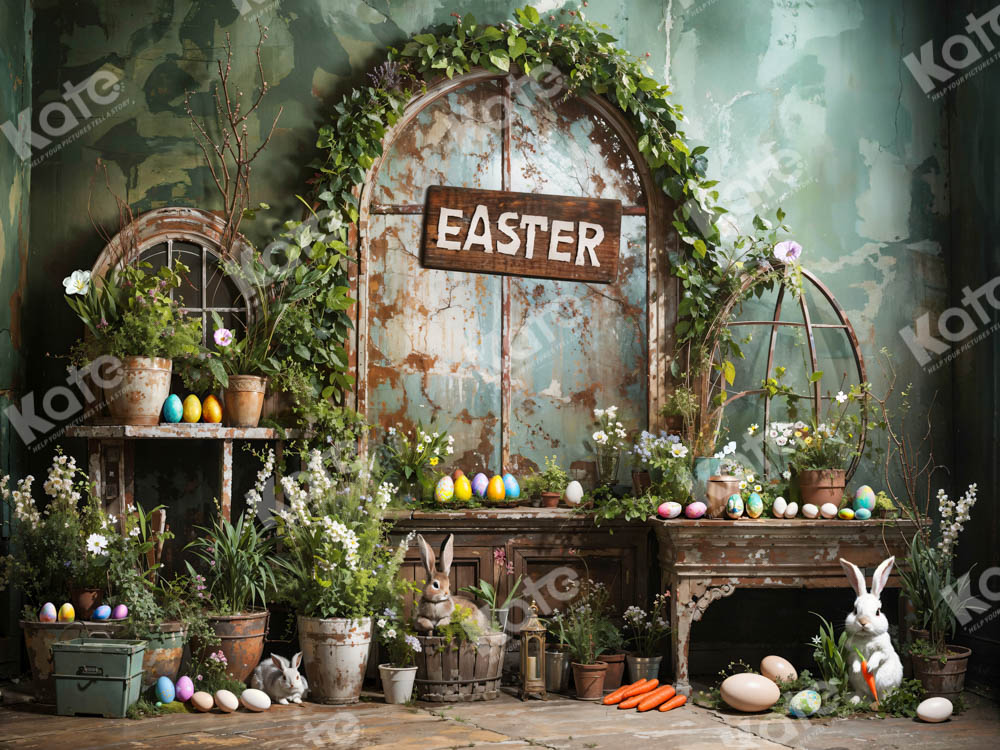Kate Pâques Vert Plante Pierre Lapin Fenêtre Toile de fond en Laine conçue par Emetselch - Kate Backdrop FR
