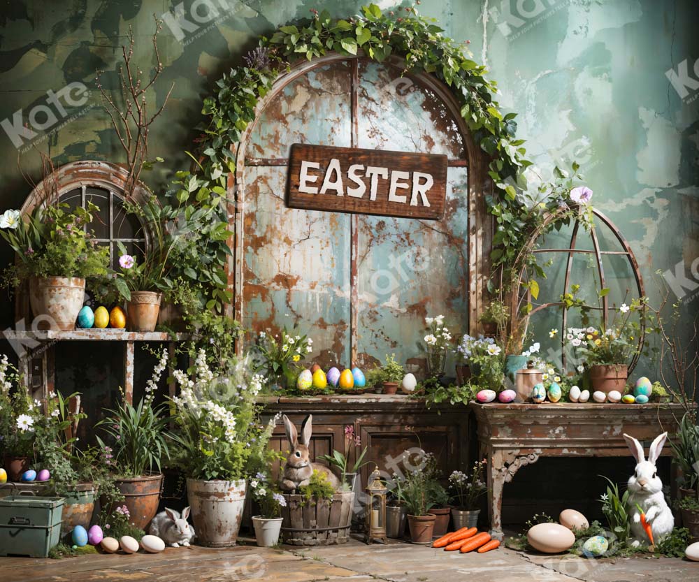 Kate Pâques Vert Plante Pierre Lapin Fenêtre Toile de fond en Laine conçue par Emetselch - Kate Backdrop FR