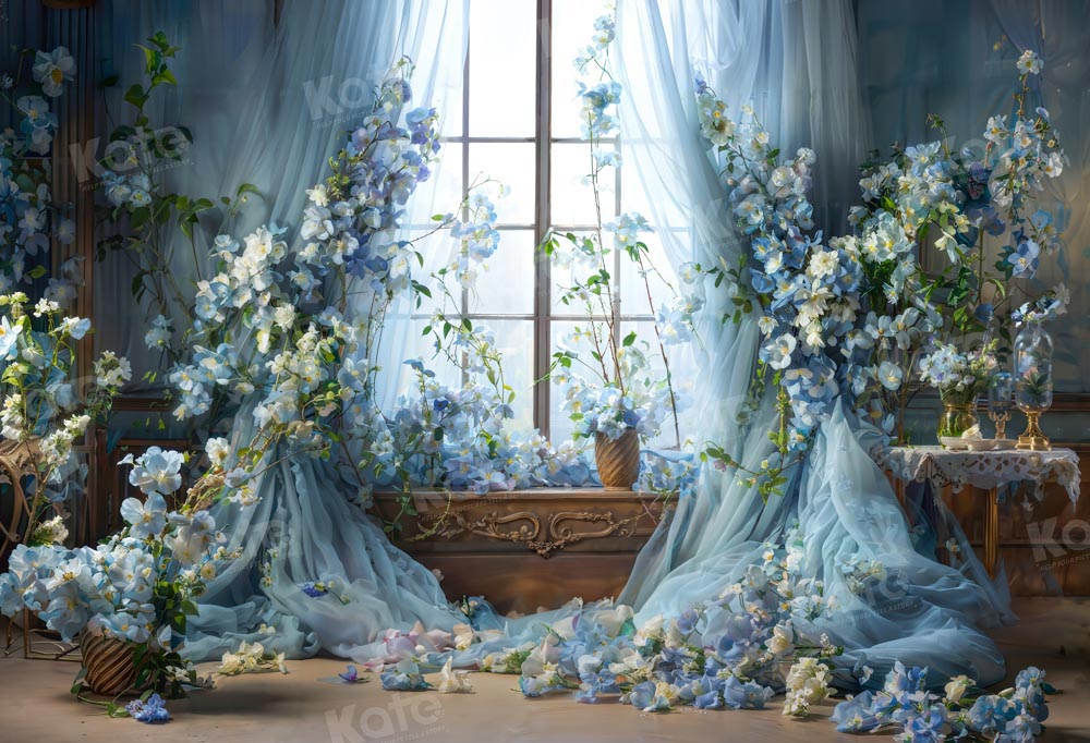 Kate Bleu Fleurs Rideau Fenêtre Chambre Toile de fond conçue par Emetselch