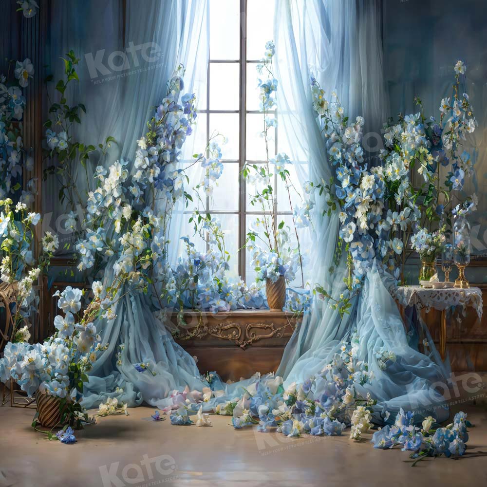 Kate Bleu Fleurs Rideau Fenêtre Chambre Toile de fond conçue par Emetselch