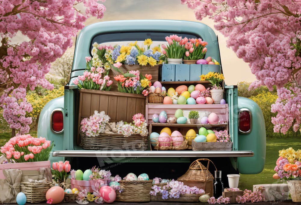 Kate Pâques Camion de Fleurs Oeufs colorés Toile de fond conçue par Emetselch - Kate Backdrop FR