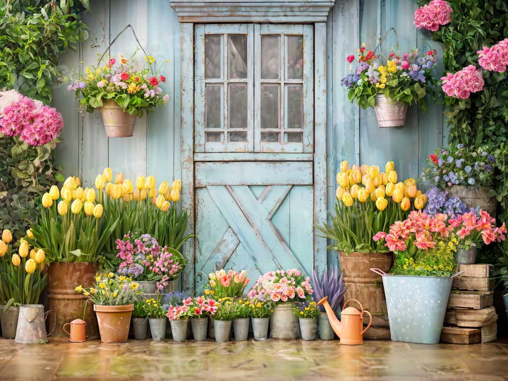 Kate Bleu Porte en bois Fleurs Plantes vertes Toile de fond conçue par Emetselch
