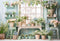 Kate Bleu Fleurs en pot Vert Fenêtre Toile de fond conçue par Emetselch - Kate Backdrop FR