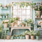 Kate Bleu Fleurs en pot Vert Fenêtre Toile de fond conçue par Emetselch - Kate Backdrop FR