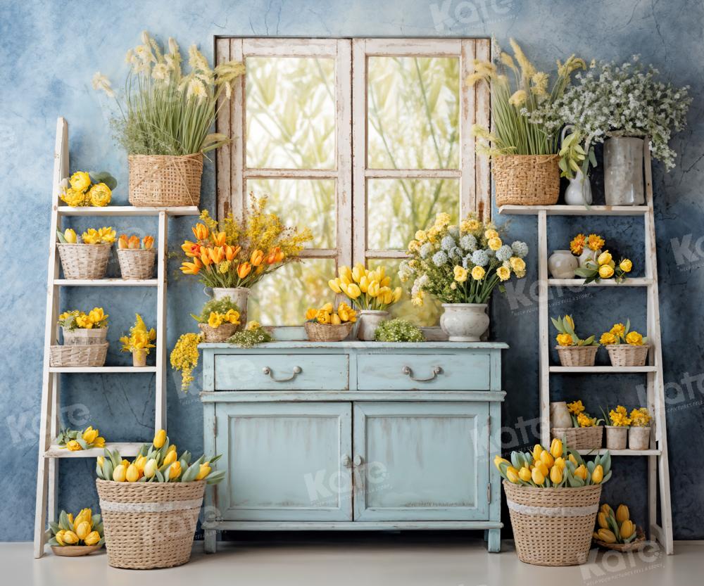 Kate Fleurs Jaune Fenêtre Bleu Chambre Toile de fond conçue par Emetselch - Kate Backdrop FR