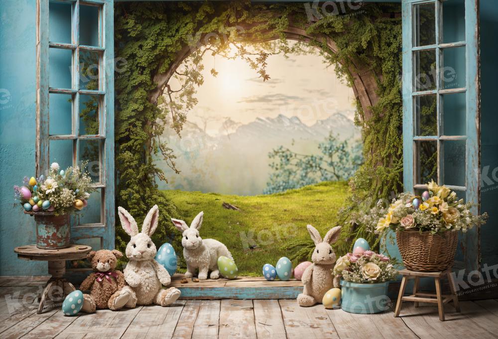 Kate Pâques Lapin Fenêtre Paysage Toile de fond en Laine pour la photographie - Kate Backdrop FR