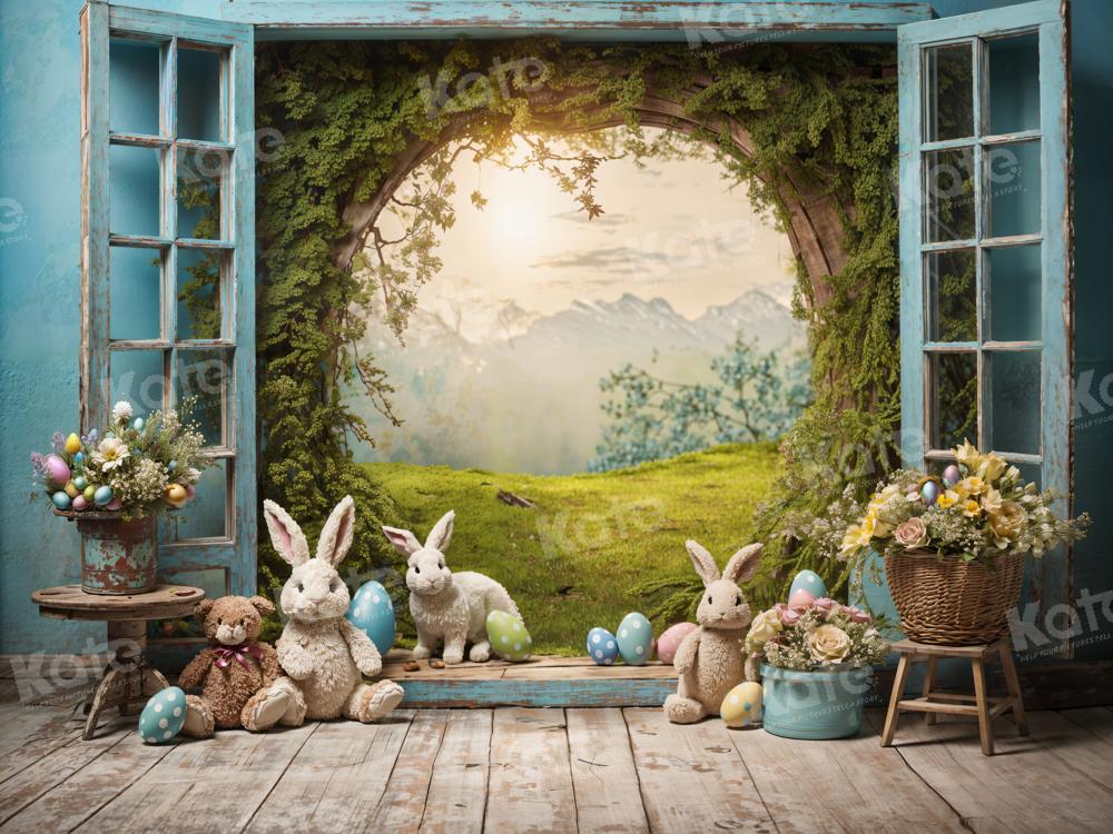 Kate Pâques Lapin Fenêtre Paysage Toile de fond en Laine pour la photographie - Kate Backdrop FR
