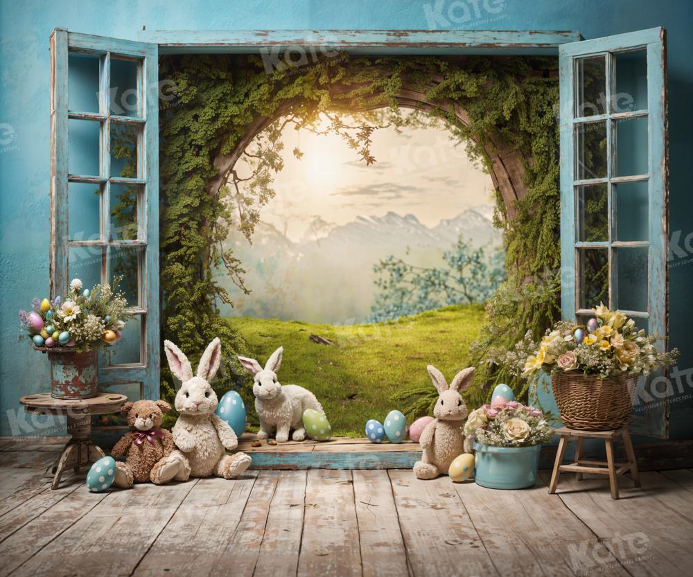 Kate Pâques Lapin Fenêtre Paysage Toile de fond en Laine pour la photographie - Kate Backdrop FR