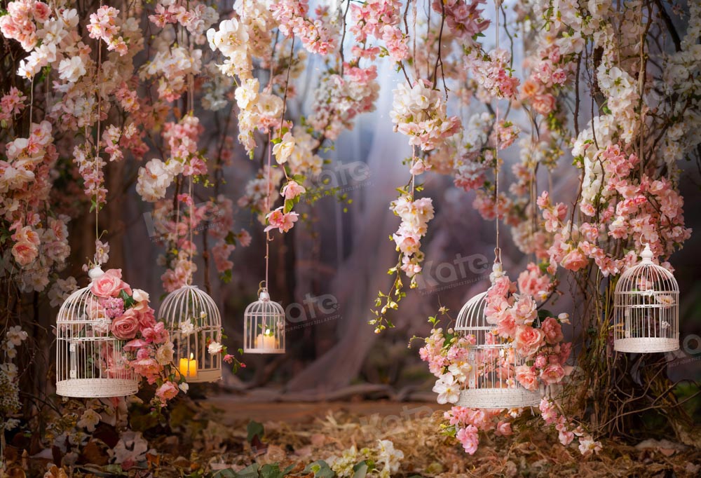Kate Saint Valentin Fleurs Rose Cage à oiseaux Toile de fond conçue par Emetselch - Kate Backdrop FR