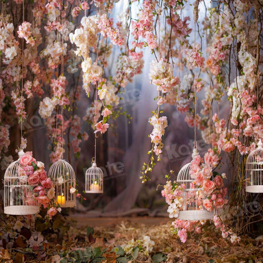 Kate Saint Valentin Fleurs Rose Cage à oiseaux Toile de fond conçue par Emetselch - Kate Backdrop FR