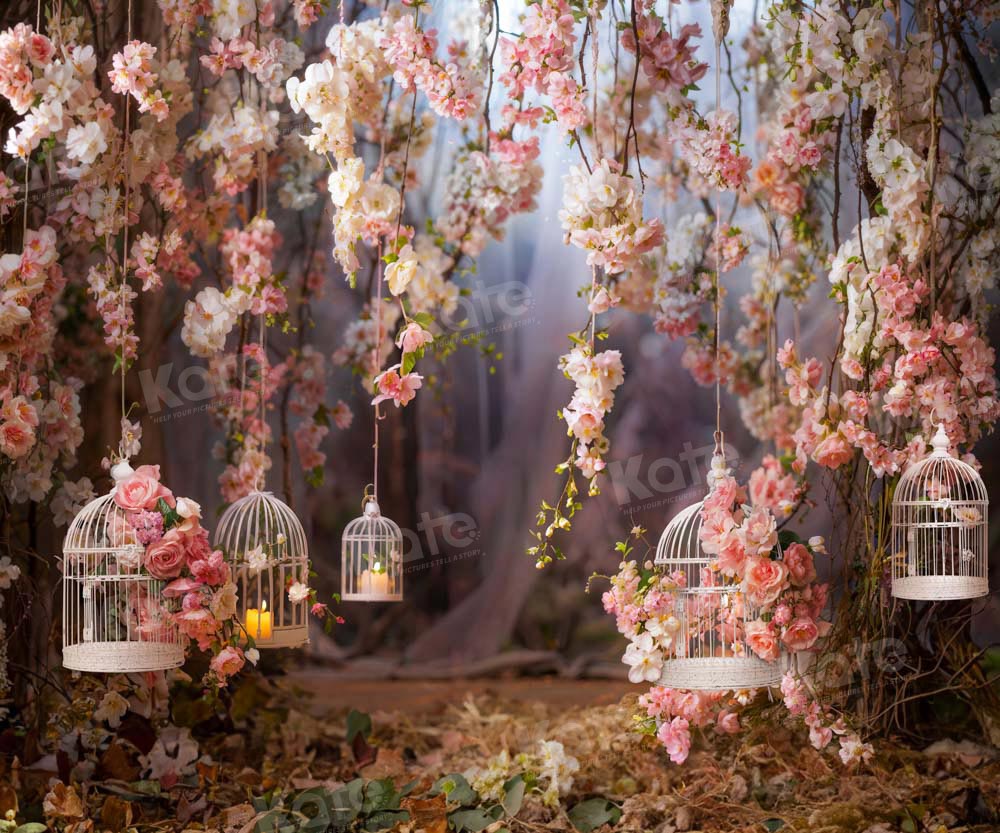 Kate Saint Valentin Fleurs Rose Cage à oiseaux Toile de fond conçue par Emetselch - Kate Backdrop FR