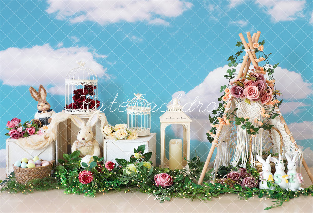 Kate Pâques Œufs Fleurs Lapin Ciel Nuages Toile de fond conçue par Emetselch - Kate Backdrop FR
