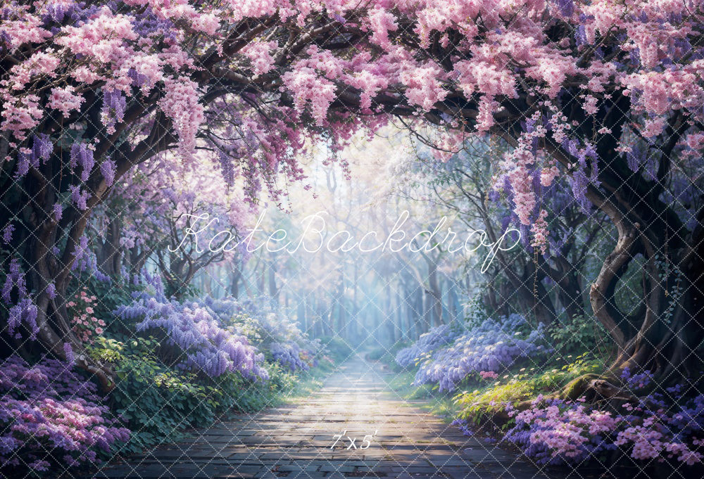 Kate Printemps Fleurs violettes Forêt Chemin Toile de fond conçue par Chain Photographie