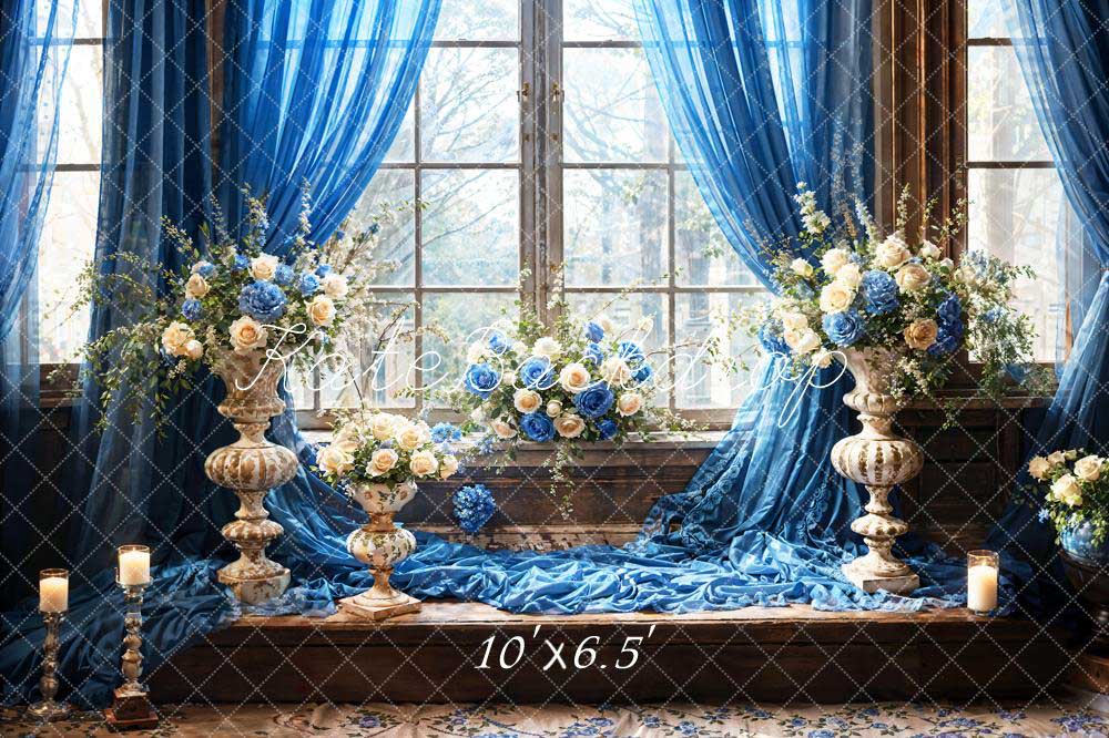 Kate Bleu Fleurs Bougies Fenêtre Chambre Toile de fond conçue par Emetselch - Kate Backdrop FR