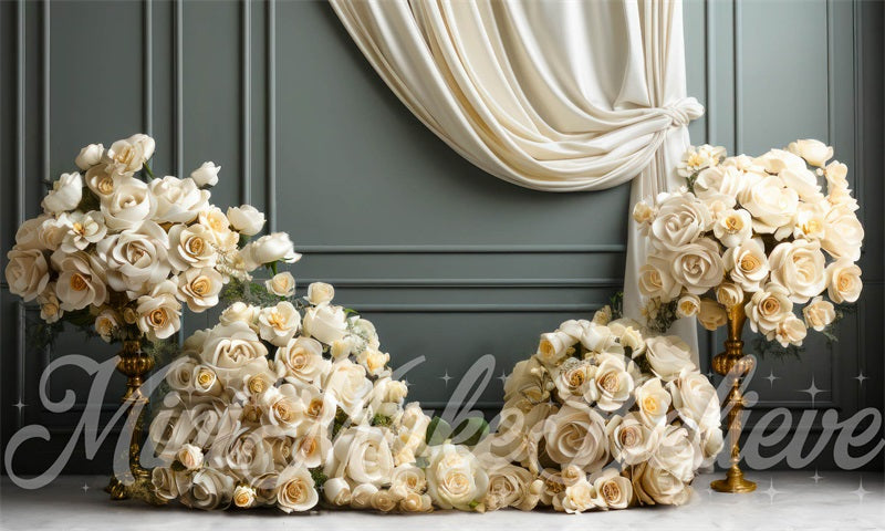 Kate Beaux-Arts Rideau Roses Blanc Mur gris Toile de fond conçue par Mini MakeBelieve - Kate Backdrop FR