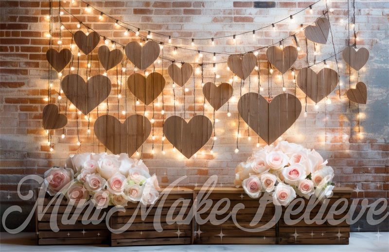 Kate Intérieur Grange Cœur Lumières Mur de briques Toile de fond conçue par Mini MakeBelieve - Kate Backdrop FR