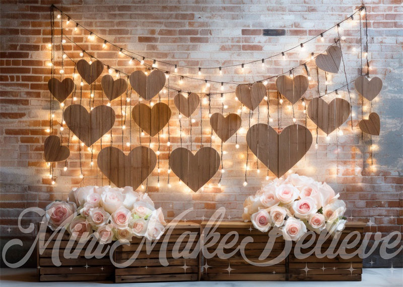 Kate Intérieur Grange Cœur Lumières Mur de briques Toile de fond conçue par Mini MakeBelieve - Kate Backdrop FR