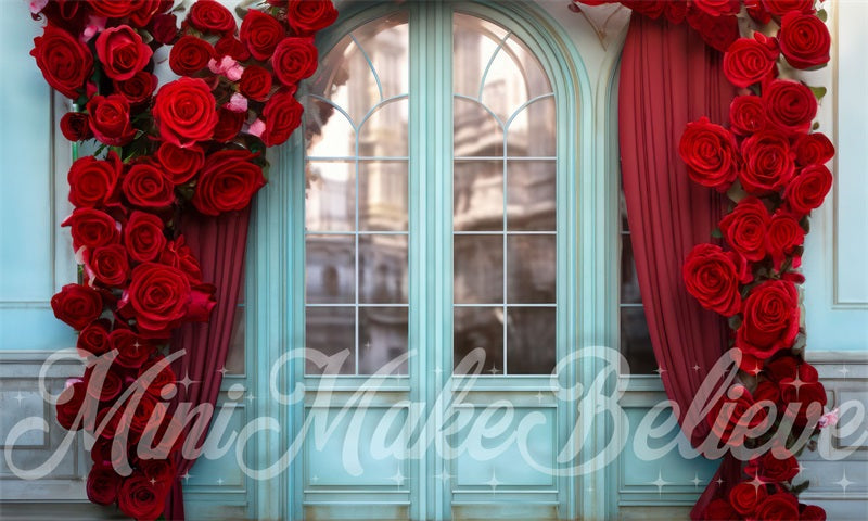Kate Roses Rouge Porte Mur Bleu Extérieur Toile de fond conçue par Mini MakeBelieve