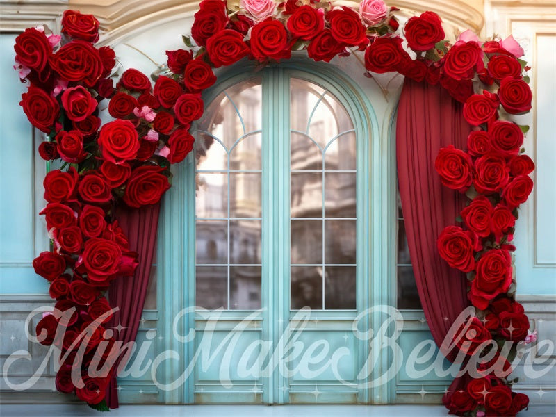 Kate Roses Rouge Porte Mur Bleu Extérieur Toile de fond conçue par Mini MakeBelieve - Kate Backdrop FR